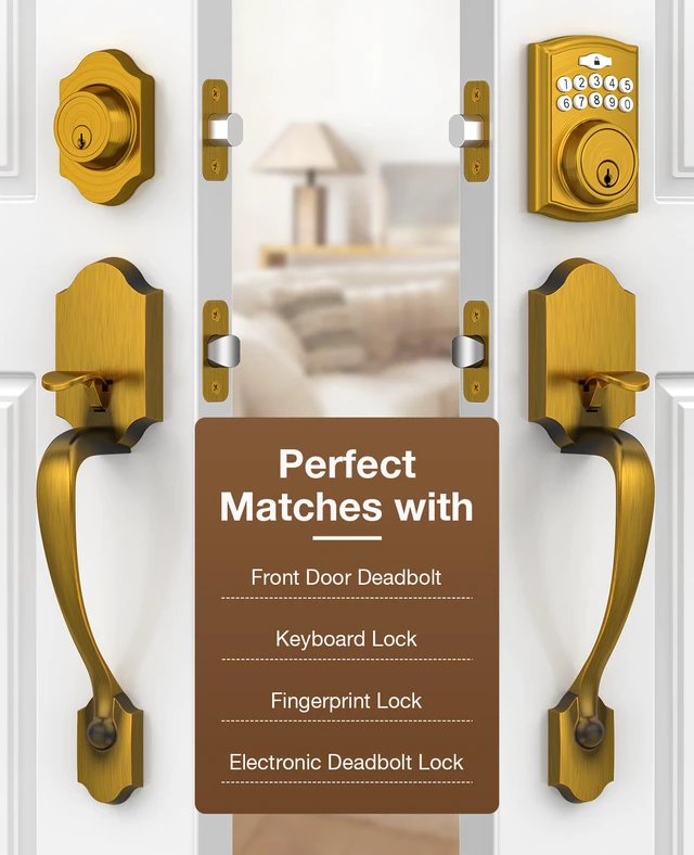 Alt view image 2 of 7 - Antique Brass Front Door Handle No Lock, Classic Exterior Door Handle, Entry Door Handle Reversible for Left & Right Hand Doors