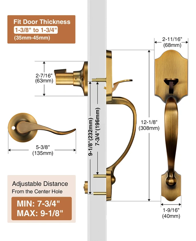 Alt view image 3 of 7 - Antique Brass Front Door Handle No Lock, Classic Exterior Door Handle, Entry Door Handle Reversible for Left & Right Hand Doors
