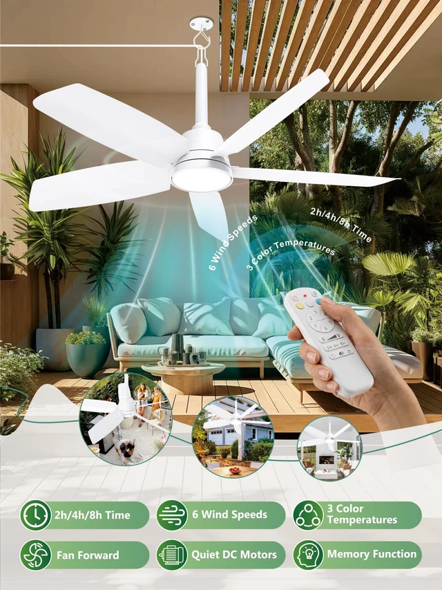 Alt view image 4 of 7 - Outdoor Gazebo Ceiling Fan with Light and Remote, 36 Inch, White Plug-In, IP65 Waterproof, Hanging with Hook, 6 Speed, Reversible, 3CCT, Dimmable, Portable, for Patio, Canopy, Porch, RV