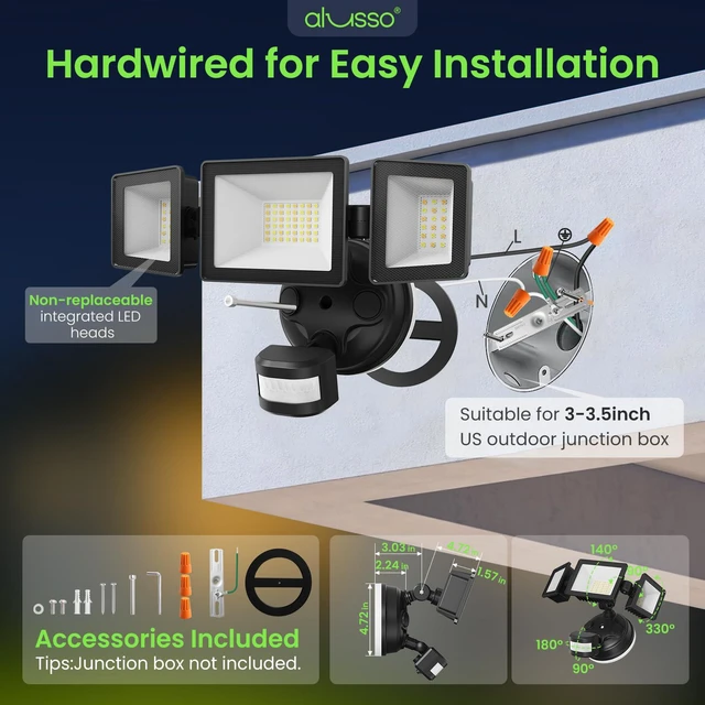 Alt view image 7 of 7 - Motion Sensor Outdoor Lights, 40W 4500LM Flood Lights Outdoor 120V Night Light 2400K/3000K/4000K/6500K 3 Modes (Dusk to Dawn/Auto/On Time), Waterproof Hardwired Security Light ETL Listed, 1PC