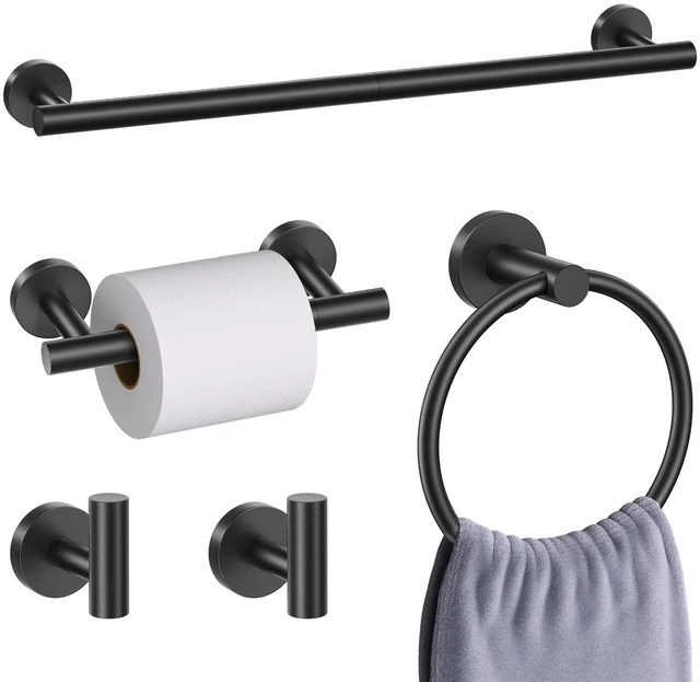 Main image of 5 Pieces Matte Black Bathroom Hardware Accessories Set, Bathroom 23.6 Inch Towel Bar Set Stainless Steel Toilet Paper Holder Round Towel Racks for Bathroom Wall Mounted