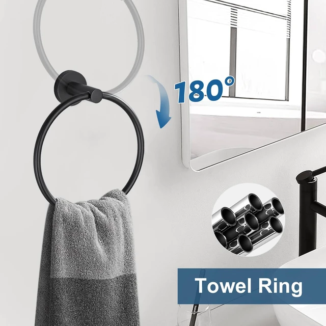 Alt view image 4 of 7 - 5 Pieces Matte Black Bathroom Hardware Accessories Set, Bathroom 23.6 Inch Towel Bar Set Stainless Steel Toilet Paper Holder Round Towel Racks for Bathroom Wall Mounted