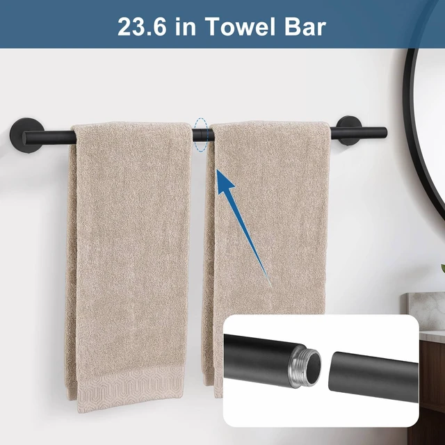 Alt view image 2 of 7 - 5 Pieces Matte Black Bathroom Hardware Accessories Set, Bathroom 23.6 Inch Towel Bar Set Stainless Steel Toilet Paper Holder Round Towel Racks for Bathroom Wall Mounted