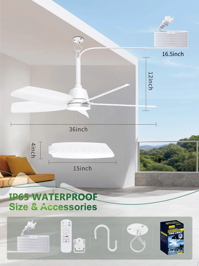 Alt view image 7 of 7 - Outdoor Gazebo Ceiling Fan with Light and Remote, 36 Inch, White Plug-In, IP65 Waterproof, Hanging with Hook, 6 Speed, Reversible, 3CCT, Dimmable, Portable, for Patio, Canopy, Porch, RV