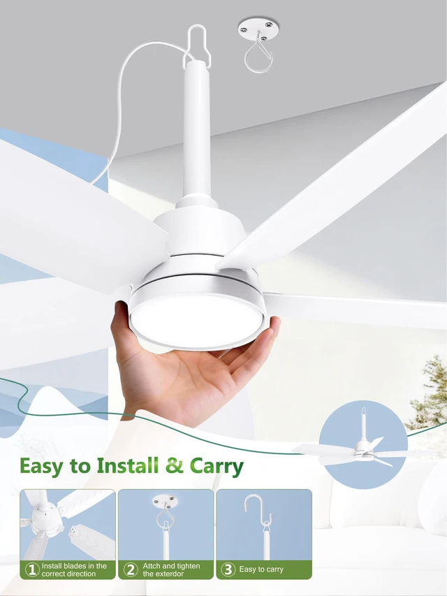 Alt view image 6 of 7 - Outdoor Gazebo Ceiling Fan with Light and Remote, 36 Inch, White Plug-In, IP65 Waterproof, Hanging with Hook, 6 Speed, Reversible, 3CCT, Dimmable, Portable, for Patio, Canopy, Porch, RV