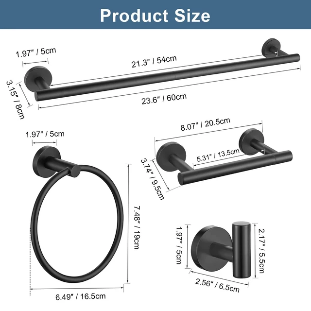 Alt view image 6 of 7 - 5 Pieces Matte Black Bathroom Hardware Accessories Set, Bathroom 23.6 Inch Towel Bar Set Stainless Steel Toilet Paper Holder Round Towel Racks for Bathroom Wall Mounted