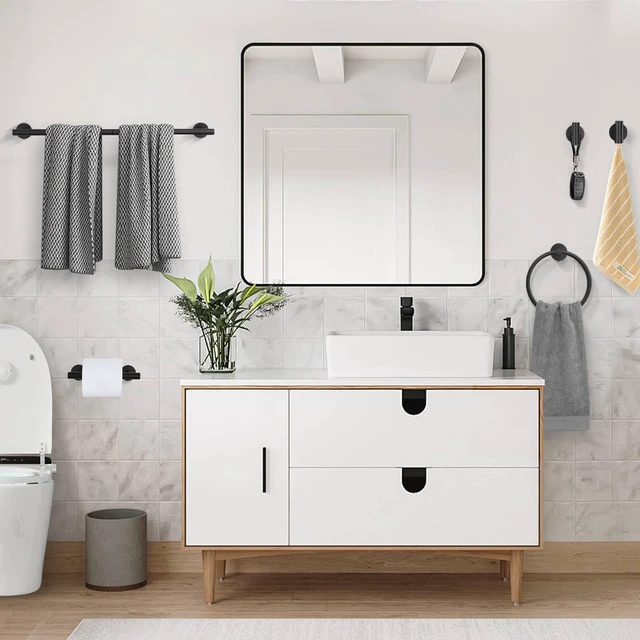 Alt view image 7 of 7 - 5 Pieces Matte Black Bathroom Hardware Accessories Set, Bathroom 23.6 Inch Towel Bar Set Stainless Steel Toilet Paper Holder Round Towel Racks for Bathroom Wall Mounted