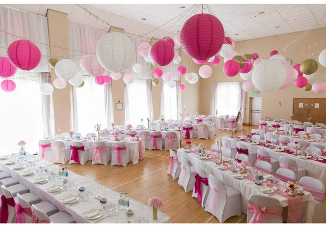 Alt view image 6 of 7 - 24pcs Hanging Round Paper Lanterns Pink Party Decorations Paper Lanterns Party Decorations for Wedding, Baby Showers, Bridal Shower, Girls Birthday Party, Pink/White