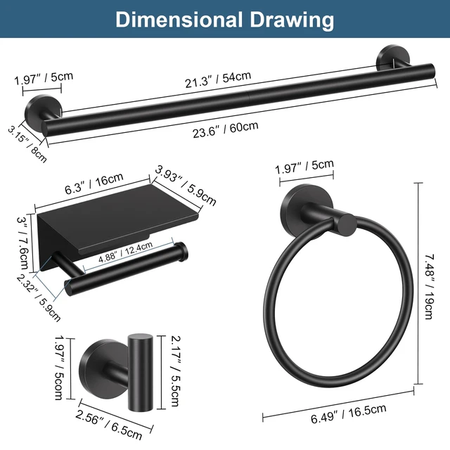 Alt view image 6 of 7 - Matte Black Bathroom Hardware Set, 5 Pieces Black Towel Bar Bathroom Accessories Set, Upgraded Toilet Paper Holder with Shelf, 23.6 Inch Towel Rack Towel Holder for Bathroom Wall