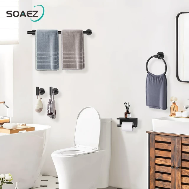 Alt view image 7 of 7 - Matte Black Bathroom Hardware Set, 5 Pieces Black Towel Bar Bathroom Accessories Set, Upgraded Toilet Paper Holder with Shelf, 23.6 Inch Towel Rack Towel Holder for Bathroom Wall