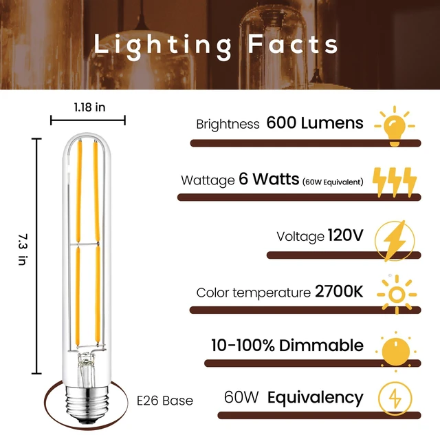 Alt view image 3 of 7 - T10 7.3 Inch Long Tube Bulb LED Light Bulbs, Dimmable, 6W (60W Equivalent), 2700K Warm White, 600 Lumens, E26 Medium Base,120V Edison Bulb, for Wall sconces,Vanity Lights,Badroom (4-Pack)
