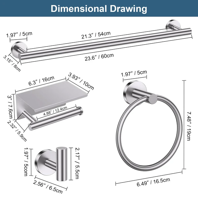 Alt view image 6 of 7 - Brushed Nickel Bathroom Hardware Set, 5 Pieces Towel Bar Bathroom Accessories, Upgraded Toilet Paper Holder with Shelf Set, 23.6 Inch Towel Rack Towel Holder for Bathroom Wall