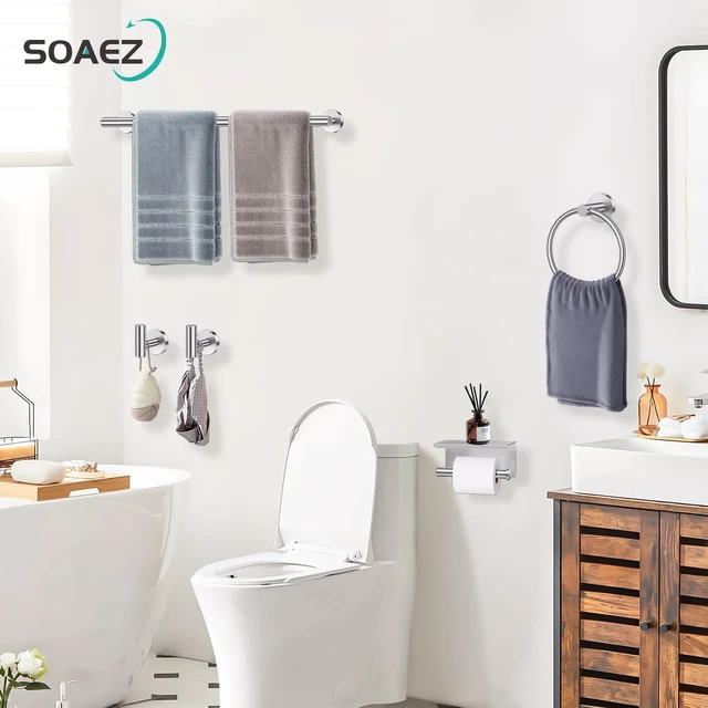 Alt view image 7 of 7 - Brushed Nickel Bathroom Hardware Set, 5 Pieces Towel Bar Bathroom Accessories, Upgraded Toilet Paper Holder with Shelf Set, 23.6 Inch Towel Rack Towel Holder for Bathroom Wall