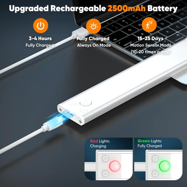 Alt view image 4 of 7 - Motion Sensor Under Cabinet Lights, 2500mAh 12inch Battery Operated Wireless Under Counter Lights Indoor, Magnetic 108-LED Dimmable Closet Lights for Kitchen with 3 Color Temperature, 3 Packs