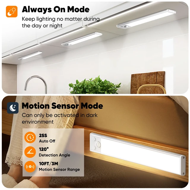 Alt view image 5 of 7 - Motion Sensor Under Cabinet Lights, 2500mAh 12inch Battery Operated Wireless Under Counter Lights Indoor, Magnetic 108-LED Dimmable Closet Lights for Kitchen with 3 Color Temperature, 3 Packs