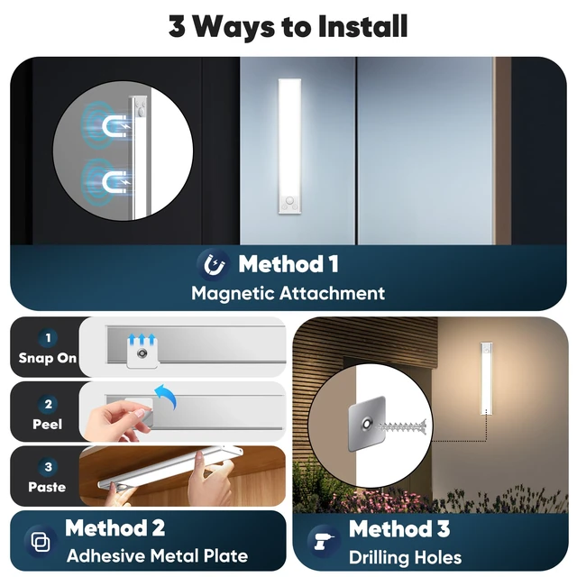Alt view image 6 of 7 - Motion Sensor Under Cabinet Lights, 2500mAh 12inch Battery Operated Wireless Under Counter Lights Indoor, Magnetic 108-LED Dimmable Closet Lights for Kitchen with 3 Color Temperature, 3 Packs