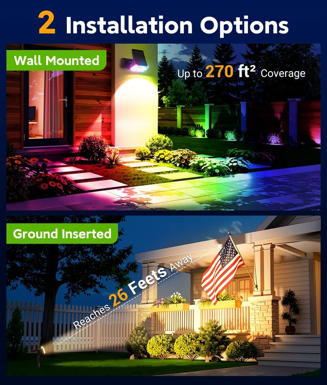 Alt view image 4 of 7 - Solar Lights Outdoor Waterproof IP65, 4 Pack Solar Spot Lights Outdoor with 14 Big LEDs, 2-in-1 Wall Lights & 7 Modes Solar Landscape Spotlights for Pathway Yard Patio Decor Garden Gifts (RGB)