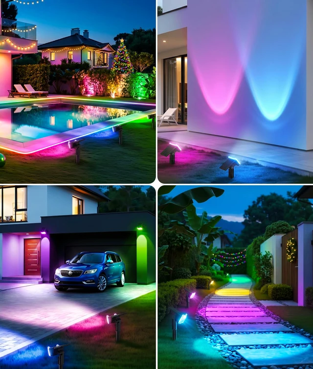 Alt view image 3 of 7 - Solar Lights Outdoor Waterproof IP65, 4 Pack Solar Spot Lights Outdoor with 14 Big LEDs, 2-in-1 Wall Lights & 7 Modes Solar Landscape Spotlights for Pathway Yard Patio Decor Garden Gifts (RGB)