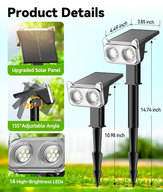 Alt view image 7 of 7 - Solar Lights Outdoor Waterproof IP65, 4 Pack Solar Spot Lights Outdoor with 14 Big LEDs, 2-in-1 Wall Lights & 7 Modes Solar Landscape Spotlights for Pathway Yard Patio Decor Garden Gifts (RGB)