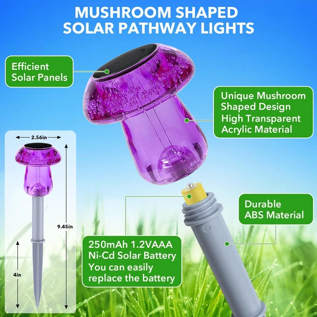 Alt view image 2 of 6 - Solar Lights Outdoor, 16 Pack Mushroom Lights Outside Waterproof, Solar Powered LED Lighting for Garden, Yard, Landscape, Path, Pathway, Lawn, Walkway, Driveway, Backyard Halloween Decor (Purple)