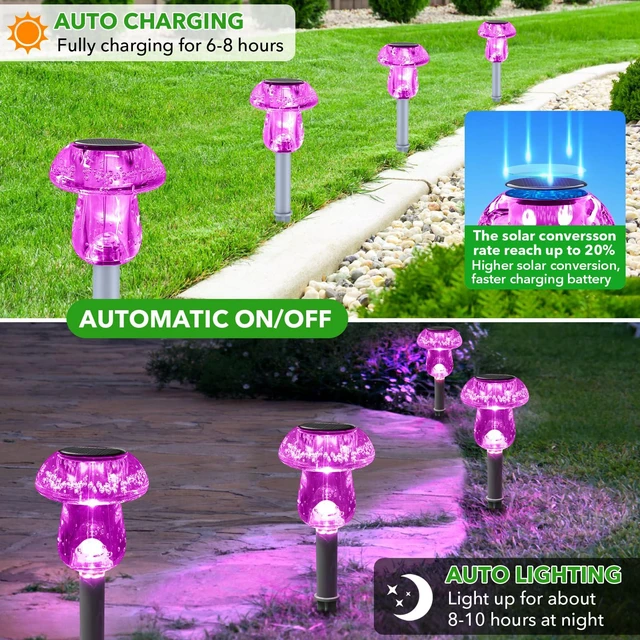 Alt view image 3 of 6 - Solar Lights Outdoor, 16 Pack Mushroom Lights Outside Waterproof, Solar Powered LED Lighting for Garden, Yard, Landscape, Path, Pathway, Lawn, Walkway, Driveway, Backyard Halloween Decor (Purple)