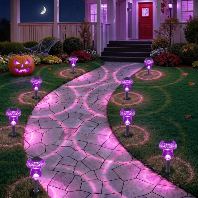 Alt view image 6 of 6 - Solar Lights Outdoor, 16 Pack Mushroom Lights Outside Waterproof, Solar Powered LED Lighting for Garden, Yard, Landscape, Path, Pathway, Lawn, Walkway, Driveway, Backyard Halloween Decor (Purple)