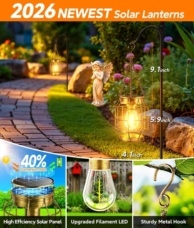 Alt view image 7 of 7 - Solar Lanterns Outdoor Waterproof, Metal Hanging Solar Lights 4 Pack Upgraded Solar Lights Outdoor Decorative, Bright Solar Hanging Lanterns for Yard Porch Garden Decor, Gifts for Women (Bronze)