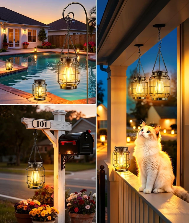 Alt view image 6 of 7 - Solar Lanterns Outdoor Waterproof, 4 Pack Upgraded Metal Hanging Solar Lights Outdoor Decorative, Brighter Outdoor Hanging Lantern for Yard Patio Pathway Porch Garden Decor, Gift for Women Mom