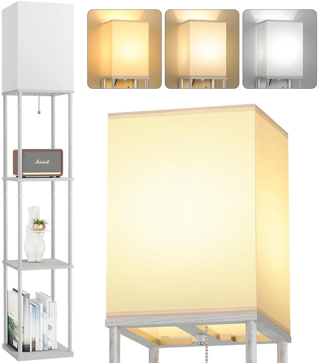 Main image of Floor Lamp with Shelves, 3-Tier Square Bookshelf Standing Lamp Dark Grey 3 Color Temperature Bulb Included, Pull Chain Tall Lamp for Living Room Bedroom Corner Office Apartment Decor