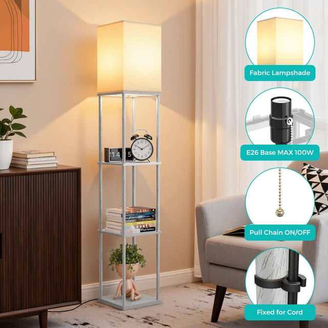 Alt view image 2 of 7 - Floor Lamp with Shelves, 3-Tier Square Bookshelf Standing Lamp Dark Grey 3 Color Temperature Bulb Included, Pull Chain Tall Lamp for Living Room Bedroom Corner Office Apartment Decor