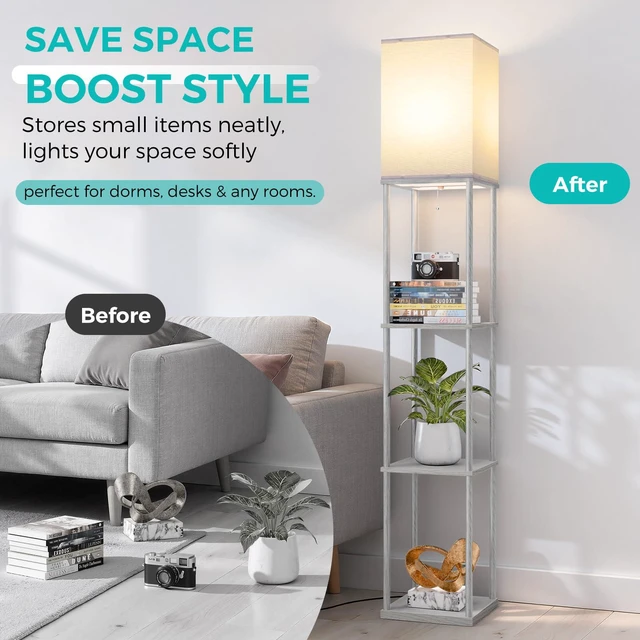 Alt view image 3 of 7 - Floor Lamp with Shelves, 3-Tier Square Bookshelf Standing Lamp Dark Grey 3 Color Temperature Bulb Included, Pull Chain Tall Lamp for Living Room Bedroom Corner Office Apartment Decor