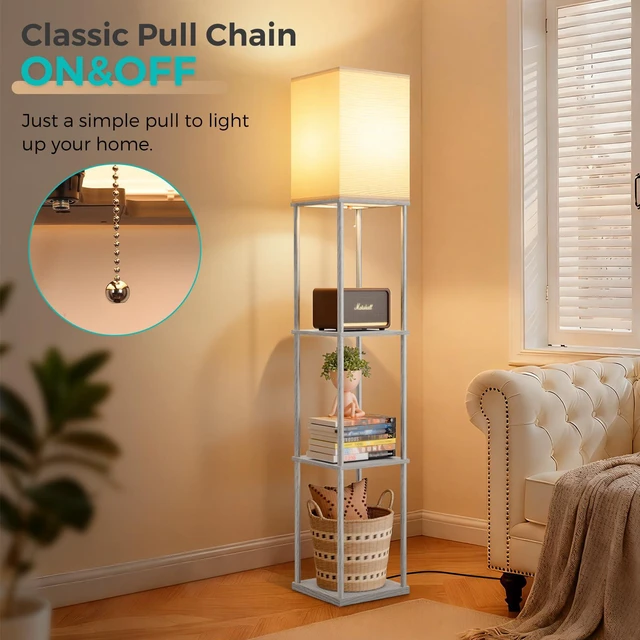 Alt view image 4 of 7 - Floor Lamp with Shelves, 3-Tier Square Bookshelf Standing Lamp Dark Grey 3 Color Temperature Bulb Included, Pull Chain Tall Lamp for Living Room Bedroom Corner Office Apartment Decor