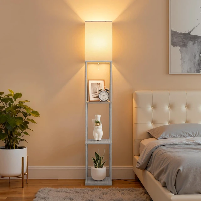 Alt view image 5 of 7 - Floor Lamp with Shelves, 3-Tier Square Bookshelf Standing Lamp Dark Grey 3 Color Temperature Bulb Included, Pull Chain Tall Lamp for Living Room Bedroom Corner Office Apartment Decor