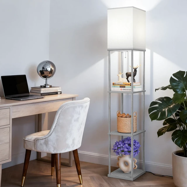 Alt view image 7 of 7 - Floor Lamp with Shelves, 3-Tier Square Bookshelf Standing Lamp Dark Grey 3 Color Temperature Bulb Included, Pull Chain Tall Lamp for Living Room Bedroom Corner Office Apartment Decor