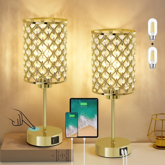 Main image of Gold Crystal Bedside Table Lamps Set of 2 with USB C+A Ports 3-Way Dimmable & Touch Control Small Lamps for Bedroom, Living Room, Girls Room, Night Stands, Home Office, Bulbs Included