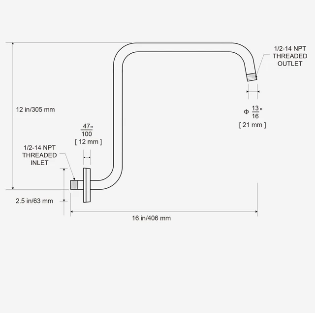 Alt view image 7 of 7 - Shower Head Extension Arm 16 in, Height 12 in S Shaped High Rise Extender with Flange Shower Head Pipe Arm, Bright Gold