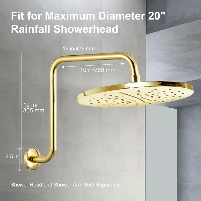 Alt view image 2 of 7 - Shower Head Extension Arm 16 in, Height 12 in S Shaped High Rise Extender with Flange Shower Head Pipe Arm, Bright Gold