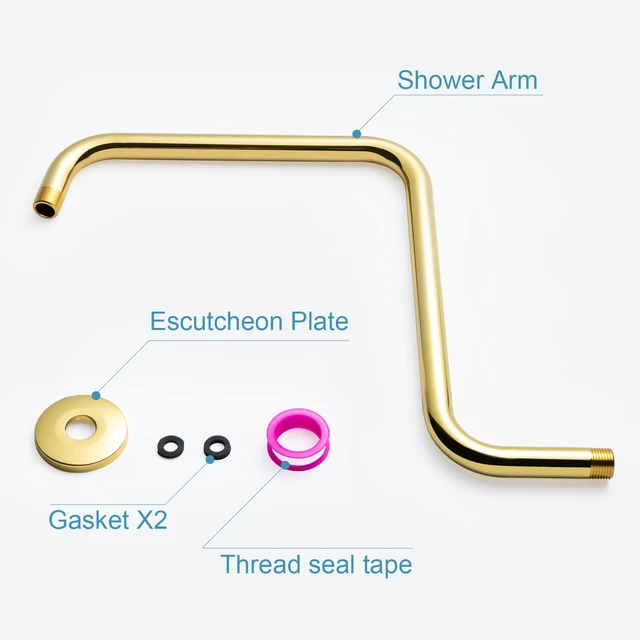 Alt view image 6 of 7 - Shower Head Extension Arm 16 in, Height 12 in S Shaped High Rise Extender with Flange Shower Head Pipe Arm, Bright Gold