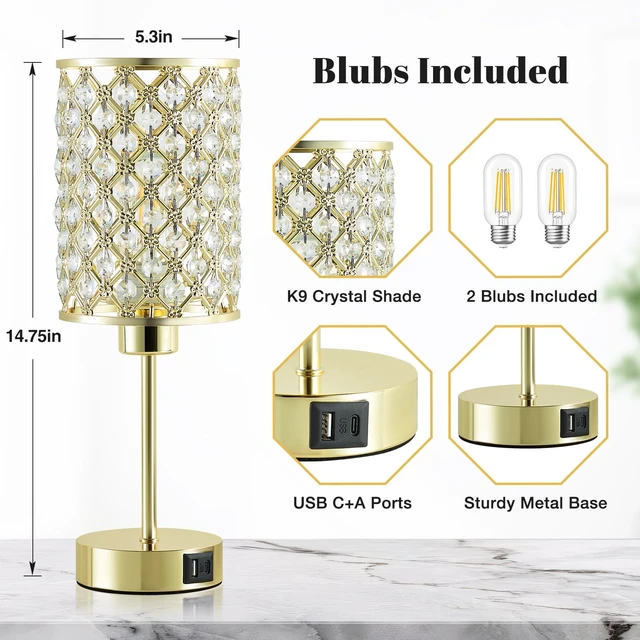 Alt view image 2 of 7 - Gold Crystal Bedside Table Lamps Set of 2 with USB C+A Ports 3-Way Dimmable & Touch Control Small Lamps for Bedroom, Living Room, Girls Room, Night Stands, Home Office, Bulbs Included