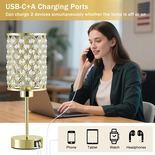 Alt view image 3 of 7 - Gold Crystal Bedside Table Lamps Set of 2 with USB C+A Ports 3-Way Dimmable & Touch Control Small Lamps for Bedroom, Living Room, Girls Room, Night Stands, Home Office, Bulbs Included