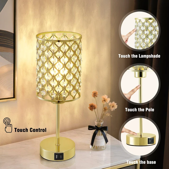 Alt view image 4 of 7 - Gold Crystal Bedside Table Lamps Set of 2 with USB C+A Ports 3-Way Dimmable & Touch Control Small Lamps for Bedroom, Living Room, Girls Room, Night Stands, Home Office, Bulbs Included