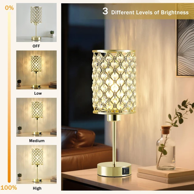 Alt view image 5 of 7 - Gold Crystal Bedside Table Lamps Set of 2 with USB C+A Ports 3-Way Dimmable & Touch Control Small Lamps for Bedroom, Living Room, Girls Room, Night Stands, Home Office, Bulbs Included