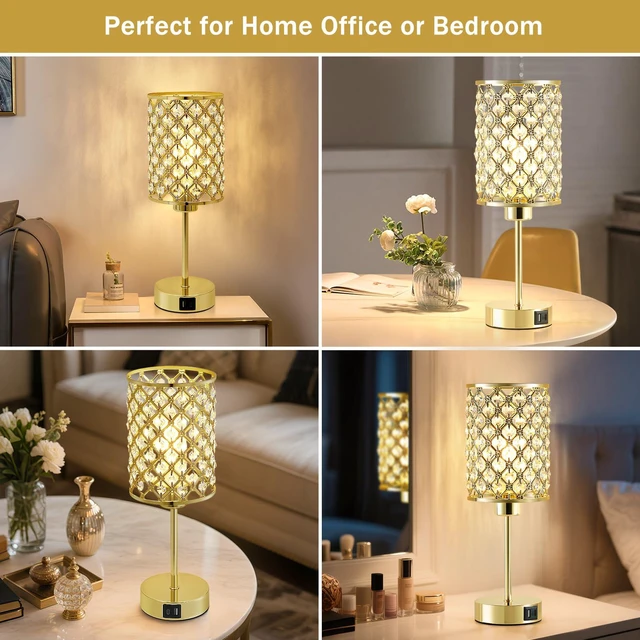Alt view image 6 of 7 - Gold Crystal Bedside Table Lamps Set of 2 with USB C+A Ports 3-Way Dimmable & Touch Control Small Lamps for Bedroom, Living Room, Girls Room, Night Stands, Home Office, Bulbs Included
