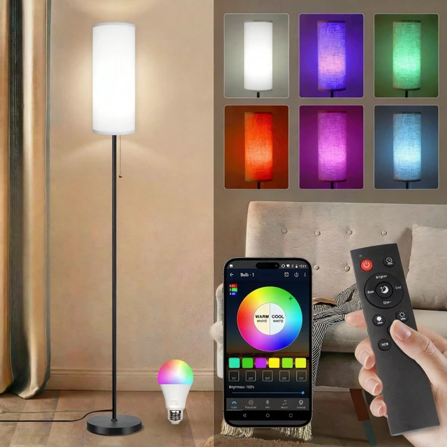 Main image of Floor Lamps for Living Room RGB Color Changing Bulbs Dimmable Color Brightness Modern Standing Lamp Remote Control Tall Lamp Chain Switch for Bedroom Office 9W LED Bulb Included, White Shade RGB Bulb