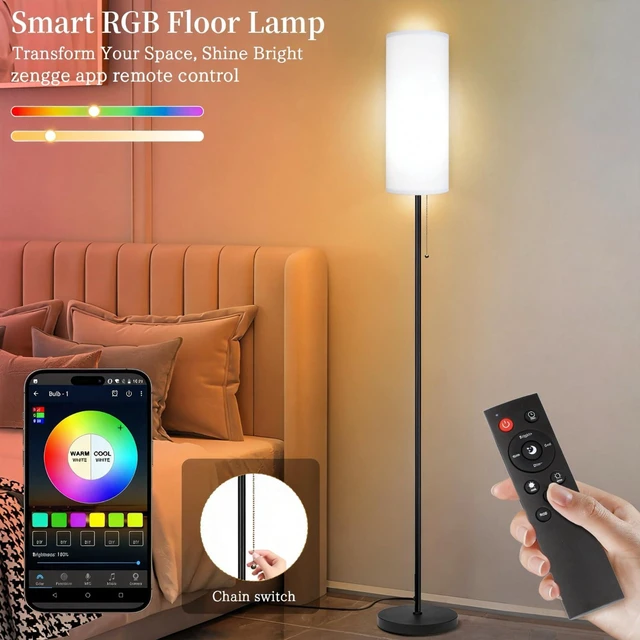 Alt view image 2 of 7 - Floor Lamps for Living Room RGB Color Changing Bulbs Dimmable Color Brightness Modern Standing Lamp Remote Control Tall Lamp Chain Switch for Bedroom Office 9W LED Bulb Included, White Shade RGB Bulb