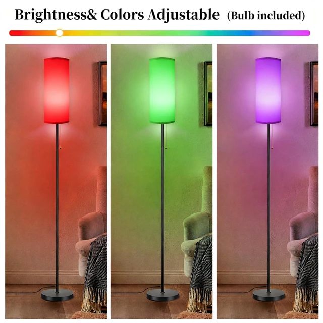 Alt view image 3 of 7 - Floor Lamps for Living Room RGB Color Changing Bulbs Dimmable Color Brightness Modern Standing Lamp Remote Control Tall Lamp Chain Switch for Bedroom Office 9W LED Bulb Included, White Shade RGB Bulb