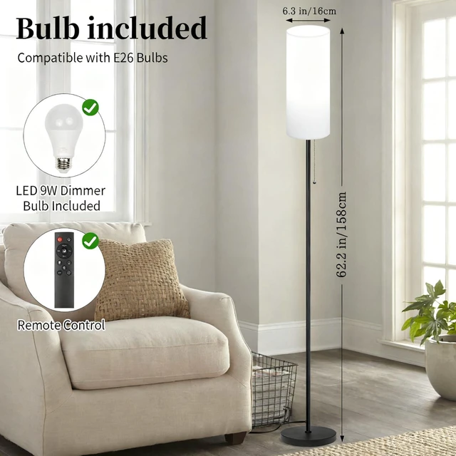 Alt view image 4 of 7 - Floor Lamps for Living Room RGB Color Changing Bulbs Dimmable Color Brightness Modern Standing Lamp Remote Control Tall Lamp Chain Switch for Bedroom Office 9W LED Bulb Included, White Shade RGB Bulb