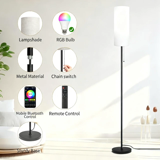 Alt view image 5 of 7 - Floor Lamps for Living Room RGB Color Changing Bulbs Dimmable Color Brightness Modern Standing Lamp Remote Control Tall Lamp Chain Switch for Bedroom Office 9W LED Bulb Included, White Shade RGB Bulb