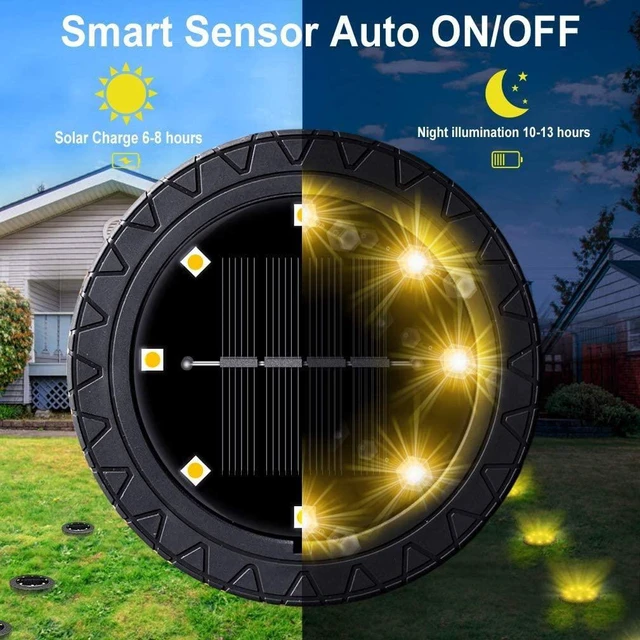 Alt view image 2 of 7 - Solar Powered Ground lights 12 Pack,Waterproof LED Solar Lights Outdoor Solar Disk Lights Decorative,Solar Garden Lights for Landscape Pathway Patio Yard Walkway Path Lawn Driveway Lighting Warm White