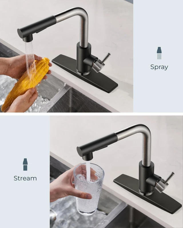 Alt view image 3 of 7 - Kitchen Faucets with Pull Out Sprayer, Single Handle, Black Brushed Single Handle Pull Out Bar Sink Faucet with Deck Plate for 1 or 3 Holes